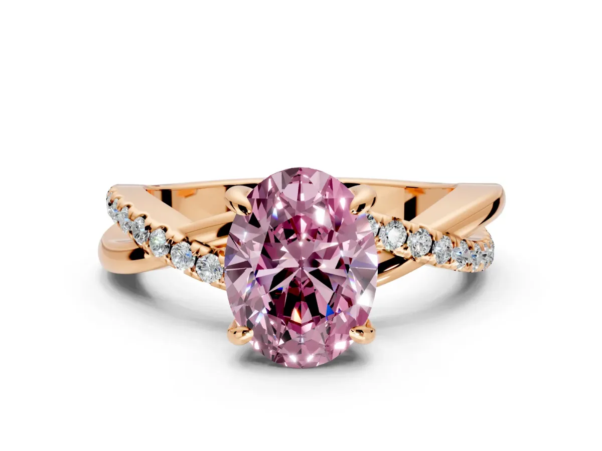 Solitaire Engagement Ring Setting for Fancy Pink Oval Center with Half-Pave Crossover Band and Prong Head in Rose Gold