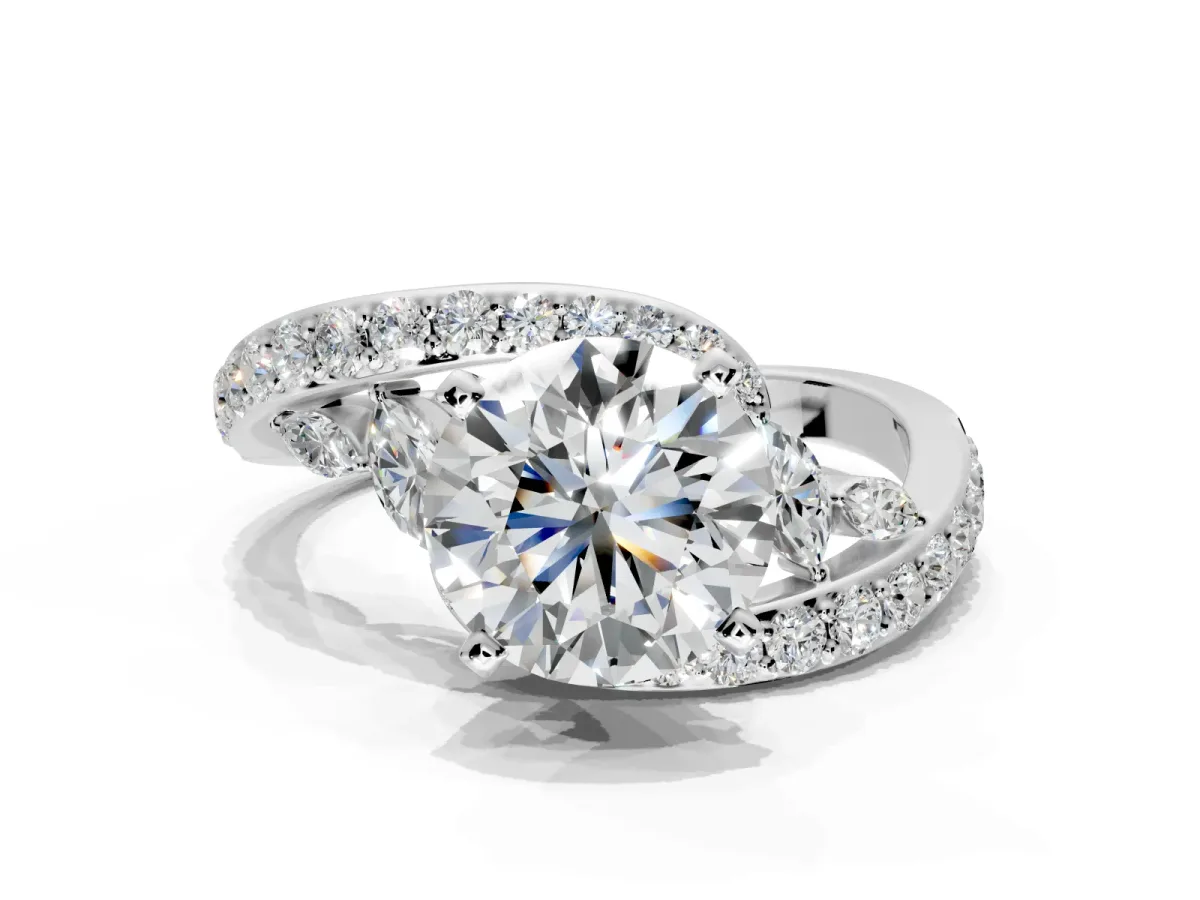 Solitaire Engagement Ring Setting for Round Cut Center with Pave Bypass Twist Band and Prong Head in Platinum