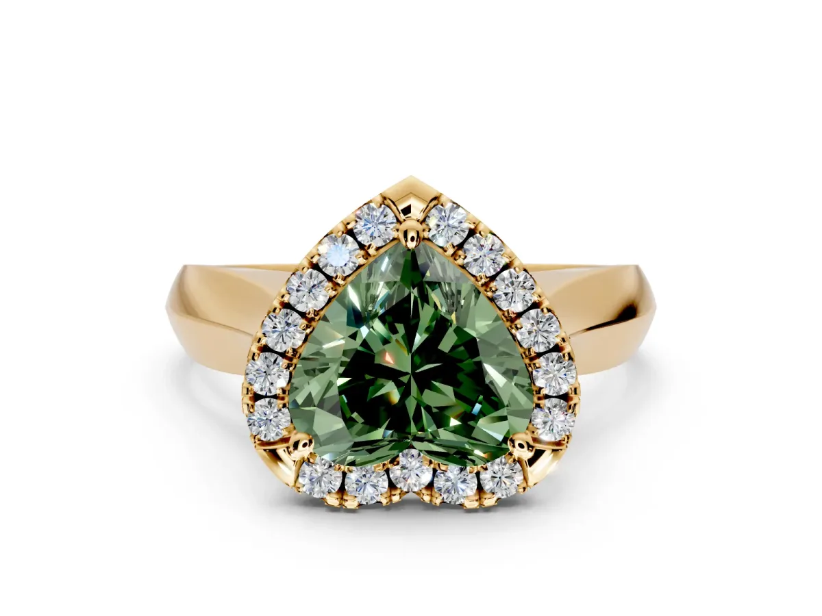 Halo Engagement Ring Setting for Fancy Green Heart-Shaped Center with Square Band and Prong Head in Yellow Gold