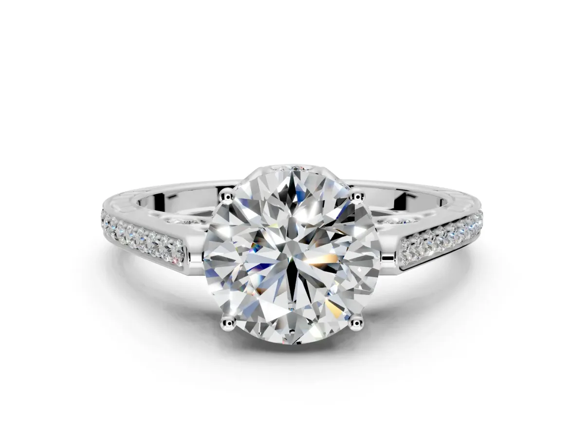 Cathedral Engagement Ring Setting for Round Cut Center with Antique-Style Pave Band and Prong Head in White Gold