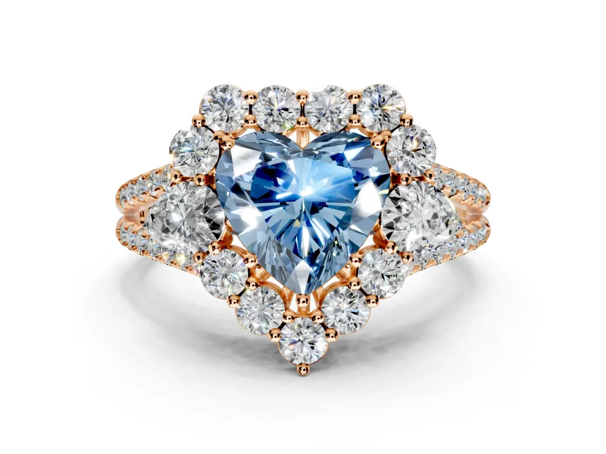 Halo Engagement Ring Setting for Fancy Blue Heart-Shaped Center with Two-Strand Split Shank and Prong Head in Rose Gold