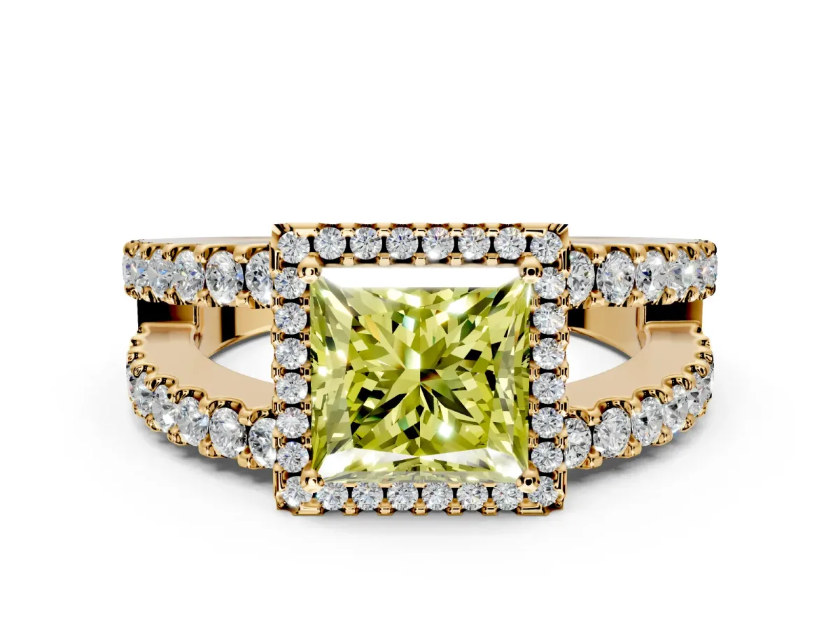 Halo Engagement Ring Setting for Fancy Yellow Princess Cut Center with Wide-Open Pave Split Shank and Prong Head in Yellow Gold