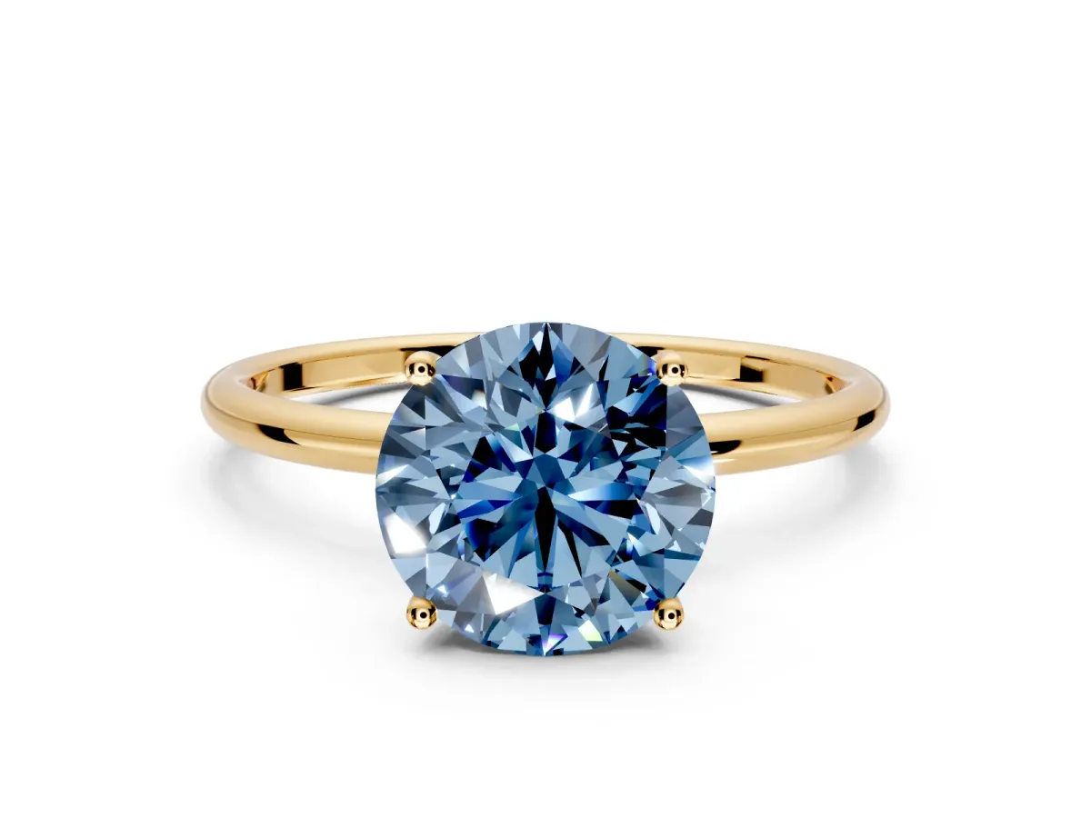 Solitaire Engagement Ring Setting for Fancy Blue Round Cut Center with Straight Thin Band and Prong Head in Yellow Gold