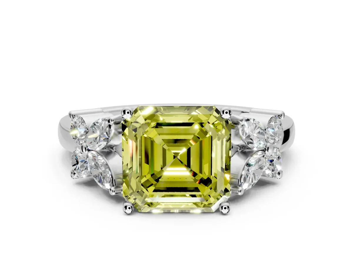 Floral Engagement Ring Setting for Fancy Yellow Princess Cut Center with Marquise Cluster Shoulders and Prong Head in Platinum