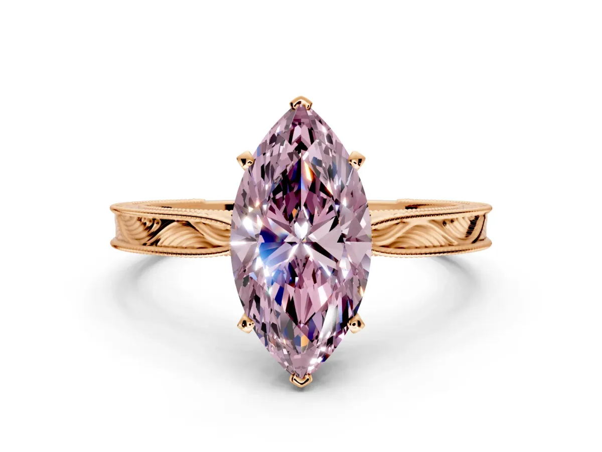 Solitaire Engagement Ring Setting for Fancy Pink Marquise Center with Engraved Milgrain Band and Prong Head in Rose Gold