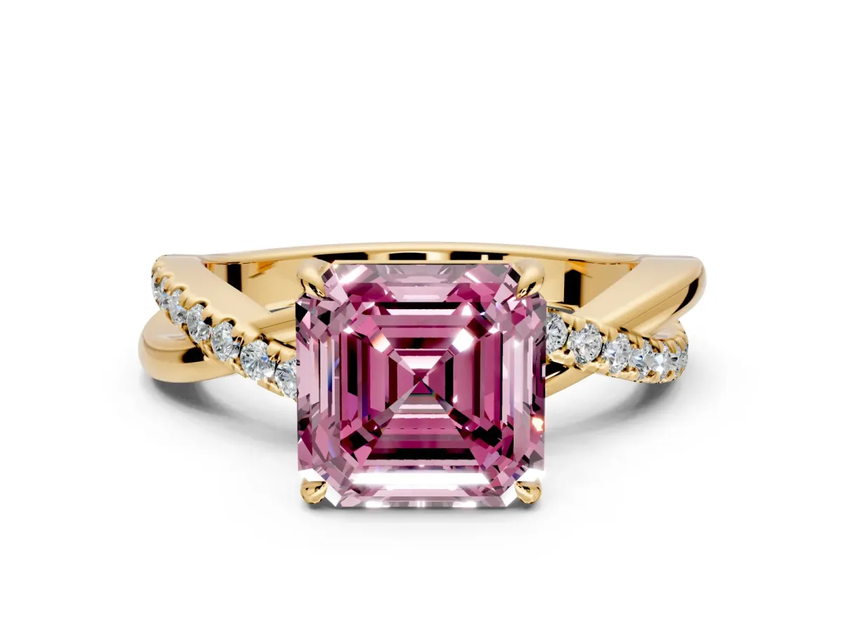 Crossover Engagement Ring Setting for Fancy Pink Asscher Cut Center with Pave and Plain Strands and Prong Head in Yellow Gold