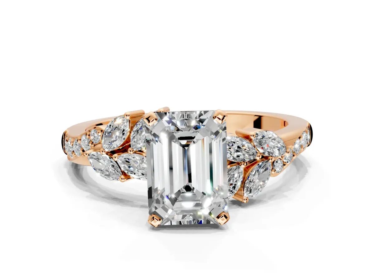 Solitaire Engagement Ring Setting for Emerald Cut Center with Marquise Accent Twist Band and Prong Head in Rose Gold