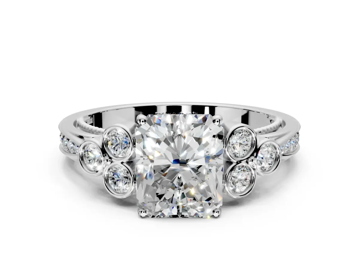 Cluster Engagement Ring Setting for Radiant Cut Center with Bezel Accent Clusters and Prong Head in Sterling Silver