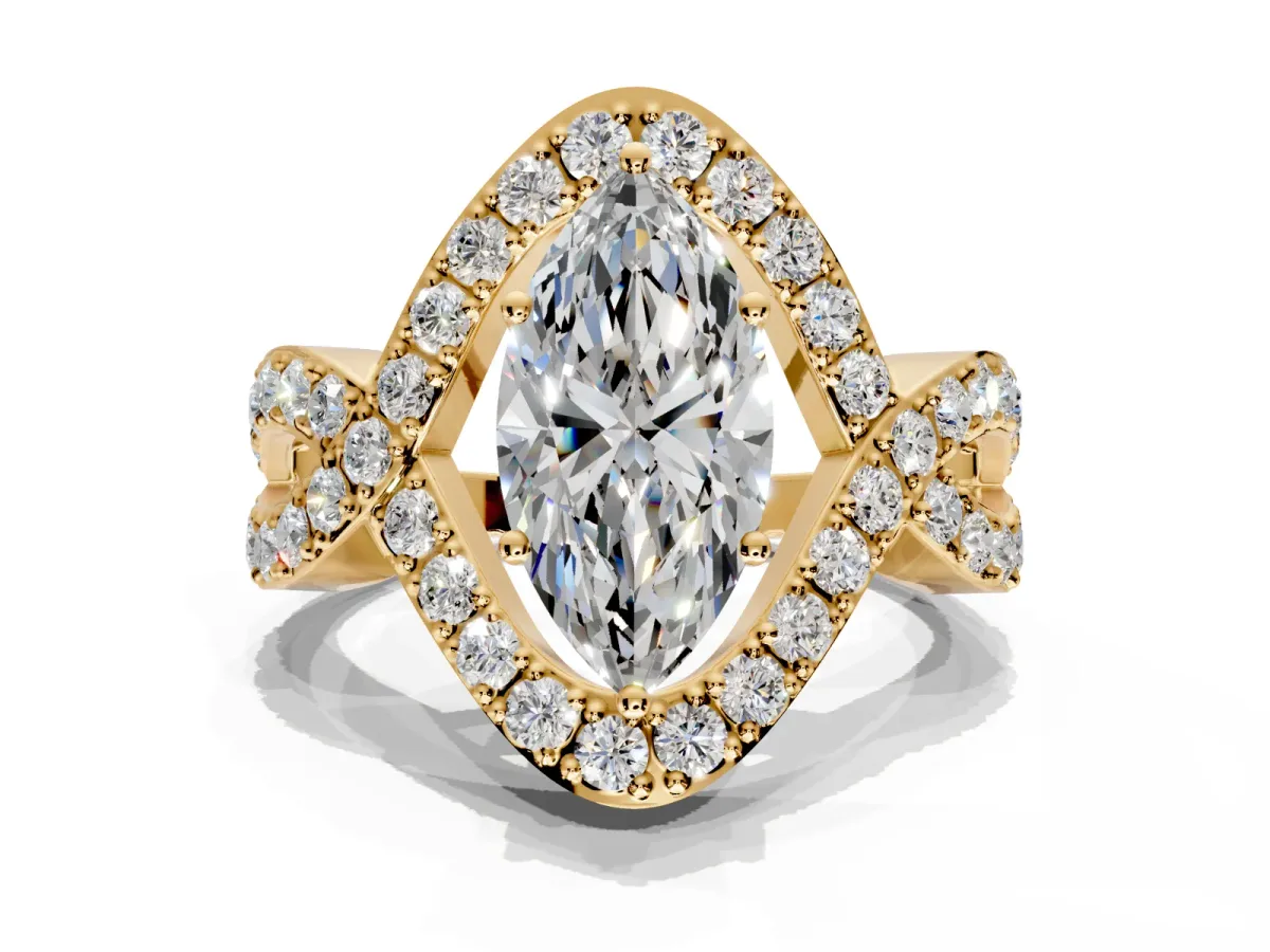 Halo Engagement Ring Setting for Marquise Center with Pave Infinity Twist Band and Prong Head in Yellow Gold