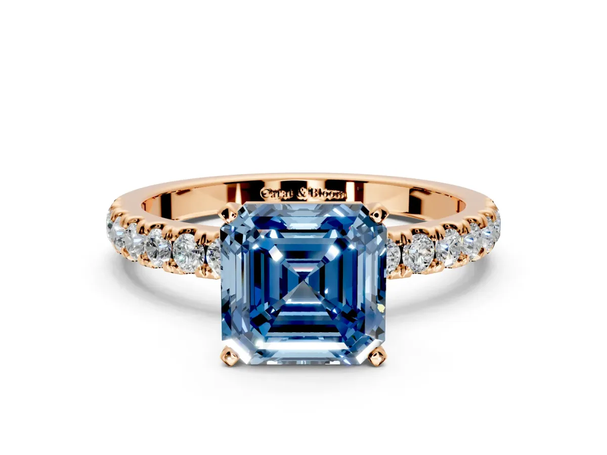 Open Basket Engagement Ring Setting for Fancy Blue Asscher Cut Center with Pave Band and Prong Head in Rose Gold