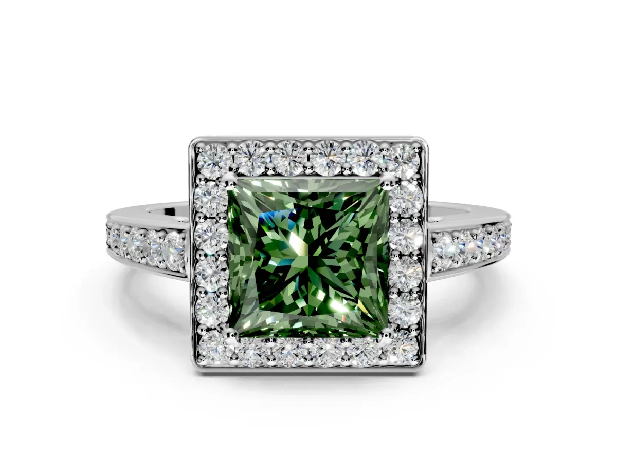 Bezel-Framed Halo Engagement Ring Setting for Fancy Green Princess Cut Center with Pave Band and Prong Head in Platinum