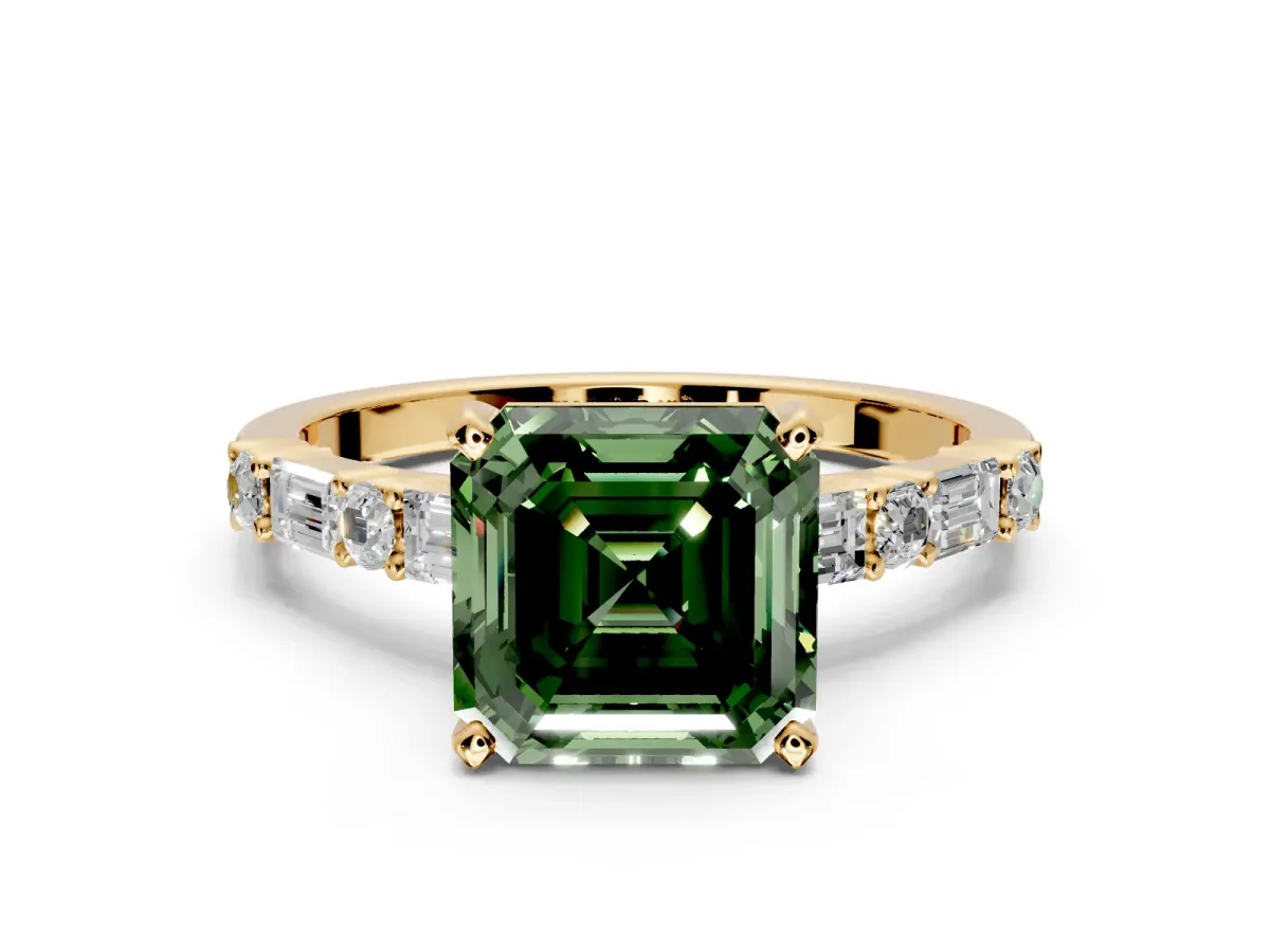Baguette Engagement Ring Setting for Fancy Green Asscher Cut Center with Alternating Bar-Set Band and Prong Head in Yellow Gold