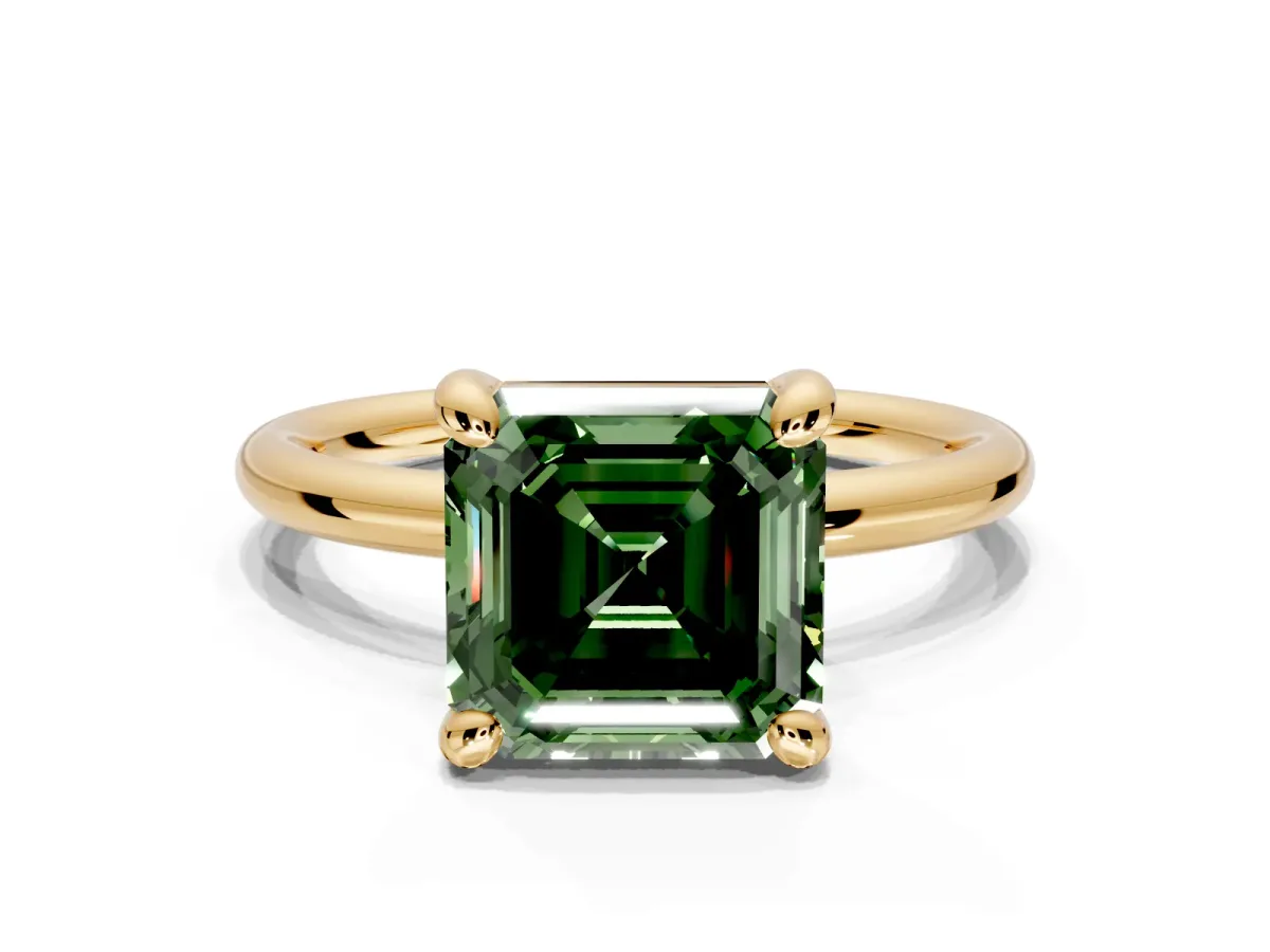 Low-Set Solitaire Engagement Ring Setting for Fancy Green Asscher Cut Center with Thin Plain Band and Prong Head in Yellow Gold