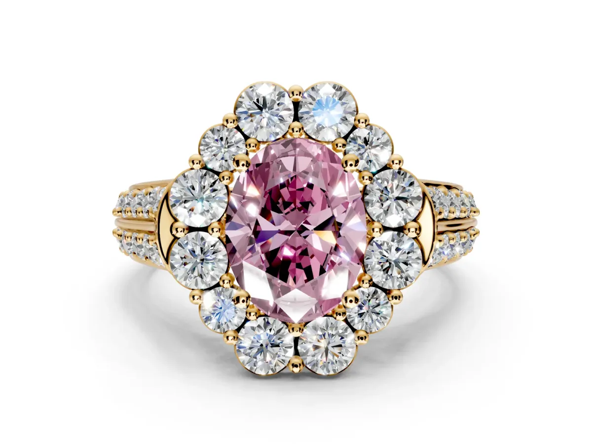 Large Accent Halo Engagement Ring Setting for Fancy Pink Oval Center with Pave Split Shank and Prong Head in Yellow Gold