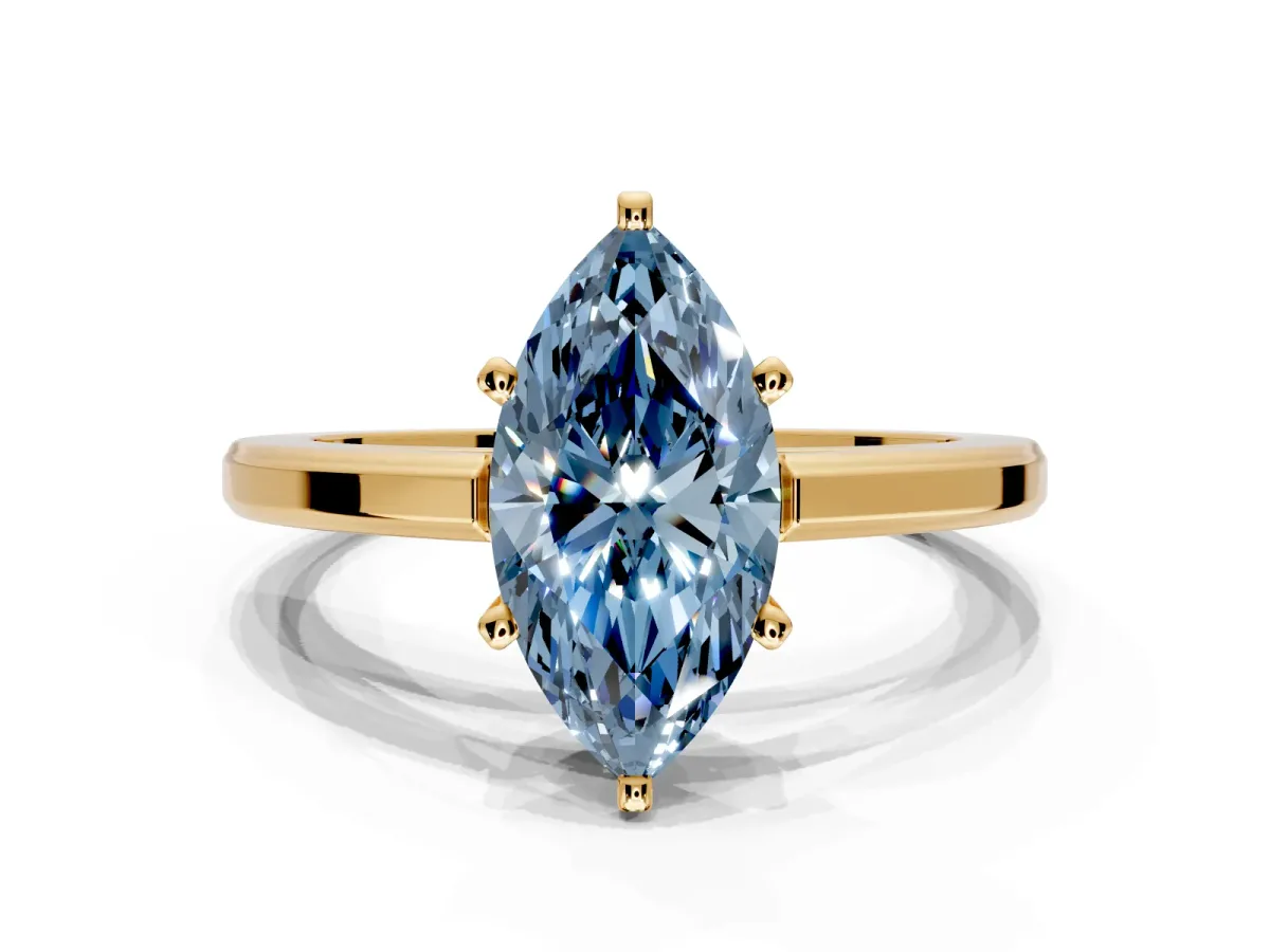 Solitaire Engagement Ring Setting for Fancy Blue Marquise Center with Flat-Sided Plain Band and Prong Head in Yellow Gold