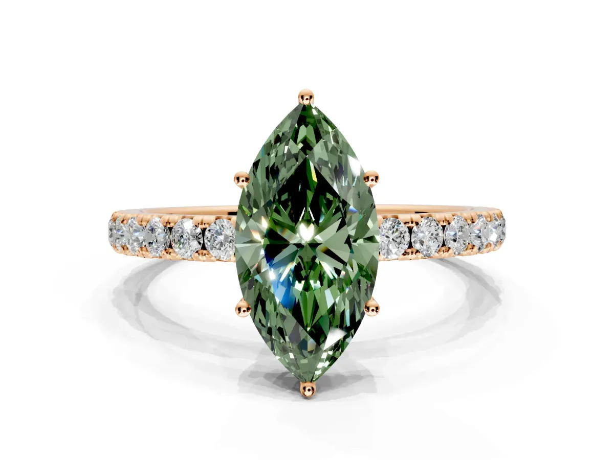 Solitaire Engagement Ring Setting for Fancy Green Marquise Center with Large Accent Band and Prong Head in Rose Gold
