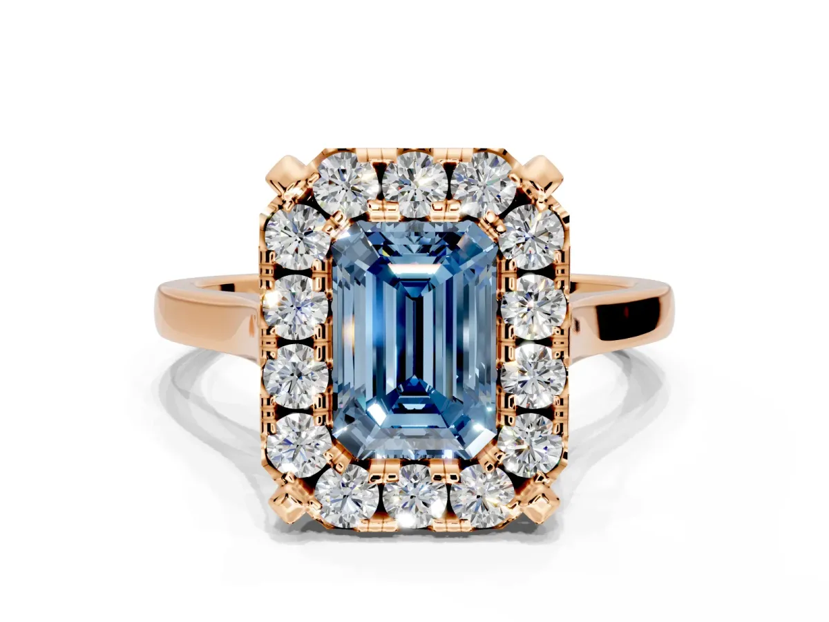 Single Halo Engagement Ring Setting for Fancy Blue Emerald Cut Center with Corner Claws, Plain Band and Prong Head in Rose Gold