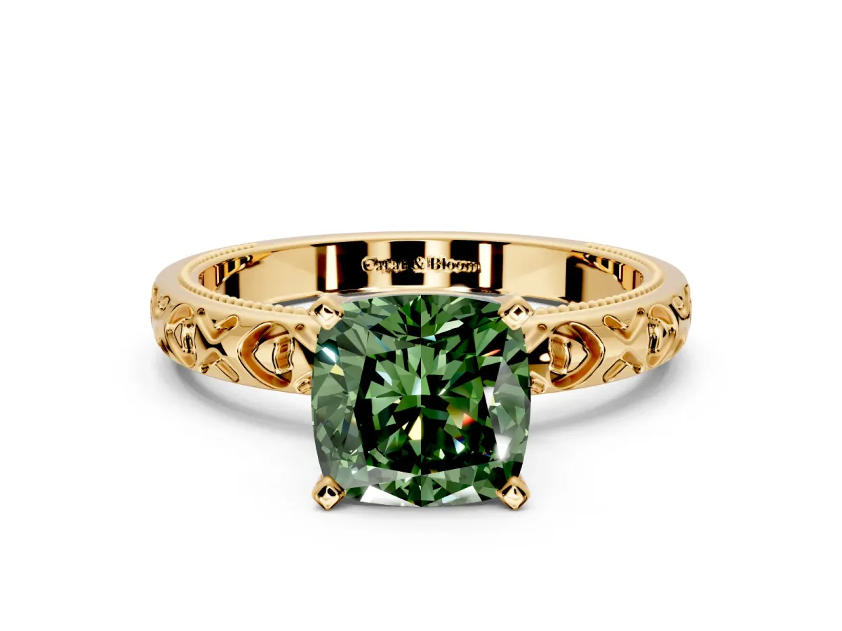 Solitaire Engagement Ring Setting for Fancy Green Cushion Cut Center with XO Engraved Band and Prong Head in Yellow Gold