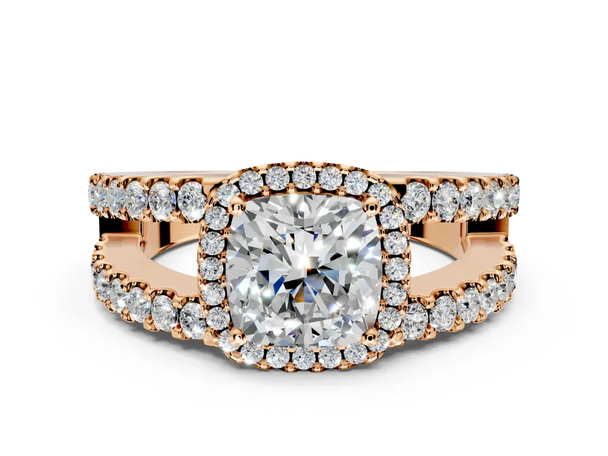 Halo Engagement Ring Setting for Cushion Cut Center with Wide-Open Pave Split Shank and Prong Head in Rose Gold