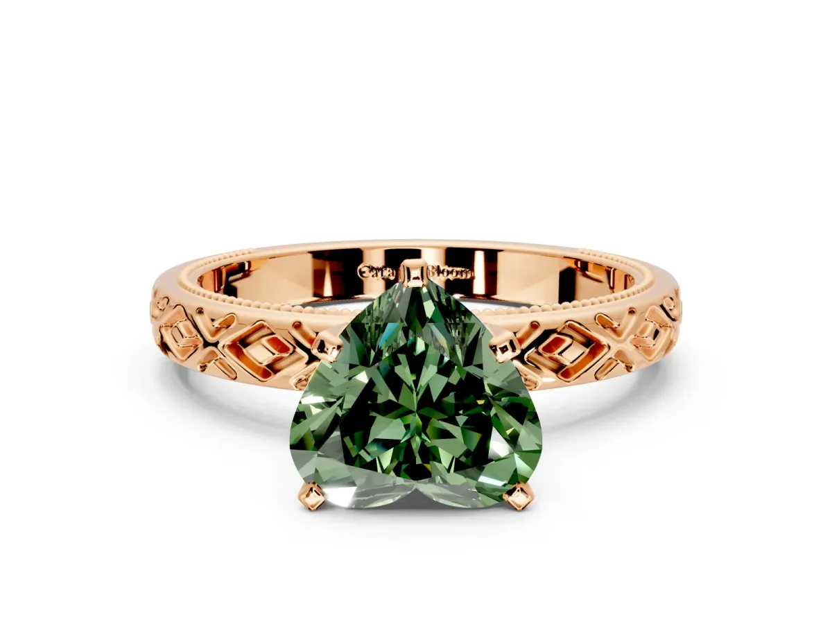 Solitaire Engagement Ring Setting for Fancy Green Heart-Shaped Center with Milgrain X Pattern Band and Prong Head in Rose Gold