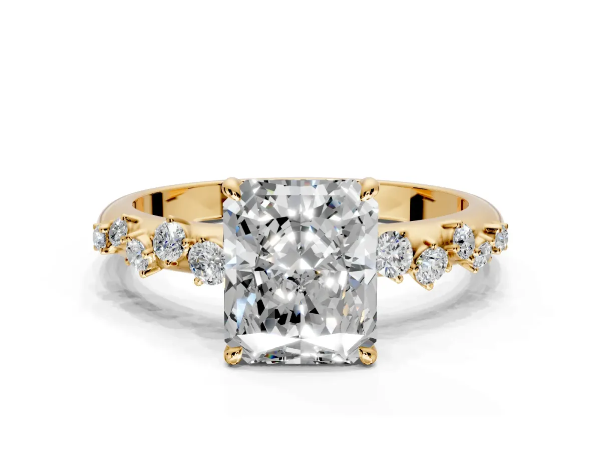 Cluster Engagement Ring Setting for Radiant Cut Center with Round Cut Accent Band and Prong Head in Yellow Gold