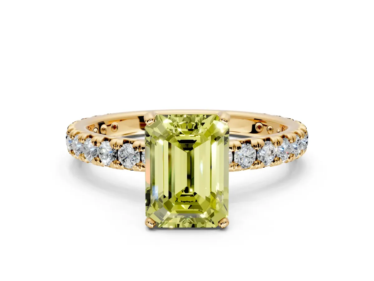 Solitaire Engagement Ring Setting for Fancy Yellow Emerald Cut Center with Shared-Prong Accents and Prong Head in Yellow Gold