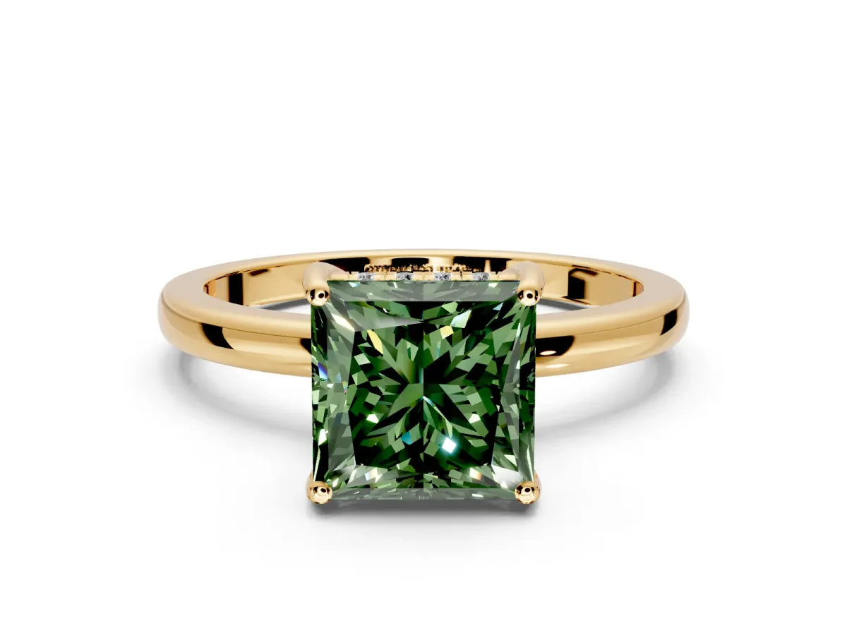 Solitaire Engagement Ring Setting for Fancy Green Princess Cut Center with Fine Wire Band and Prong Head in Yellow Gold