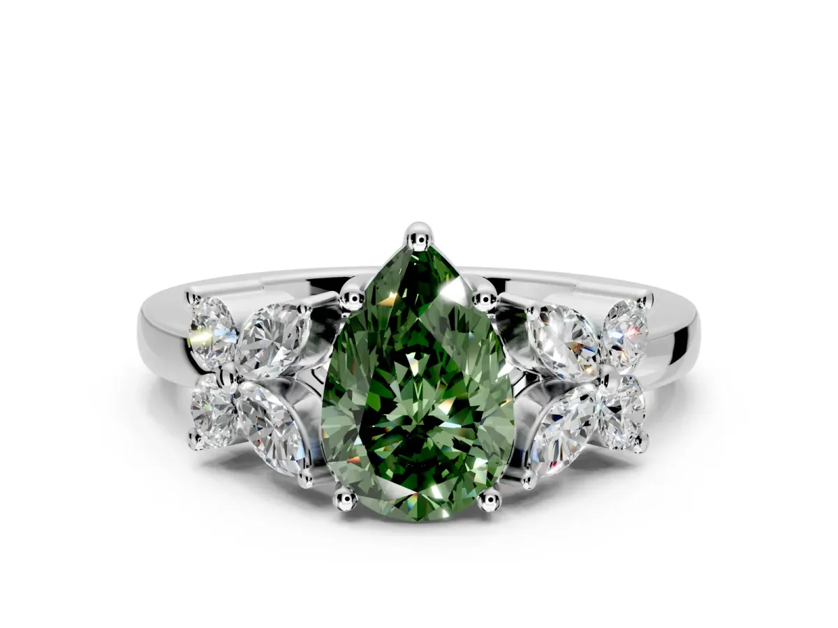 Floral Engagement Ring Setting for Fancy Green Pear-Shaped Center with Marquise Cluster Shoulders and Prong Head in White Gold
