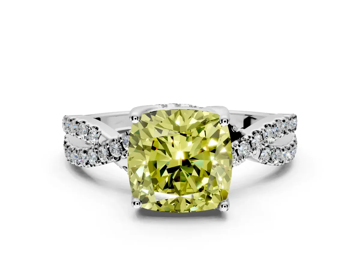 Solitaire Engagement Ring Setting for Fancy Yellow Cushion Cut Center with Narrow Twist Pave Band and Prong Head in Platinum