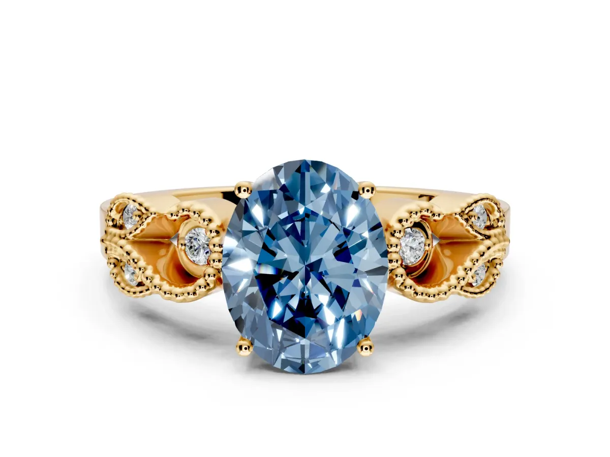 Leaf Engagement Ring Setting for Fancy Blue Oval Center with Milgrain Accent Band and Prong Head in Yellow Gold