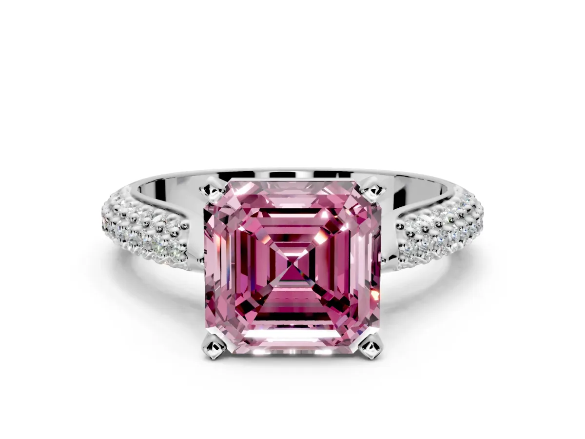 Solitaire Engagement Ring Setting for Fancy Pink Asscher Cut Center with Multi-Row Accents and Prong Head in White Gold