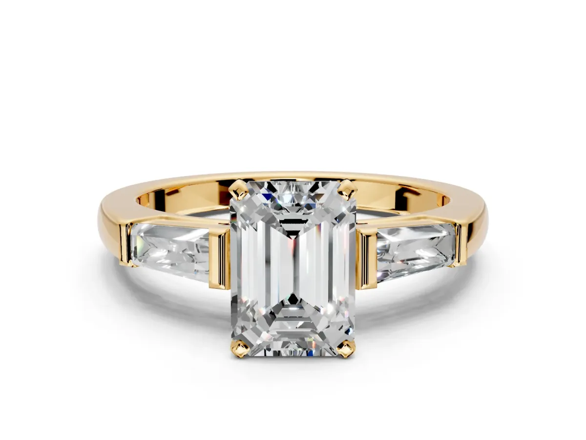 3 Stone Engagement Ring Setting for Emerald Cut Center with Tapered Baguettes, Plain Band and Prong Head in Yellow Gold