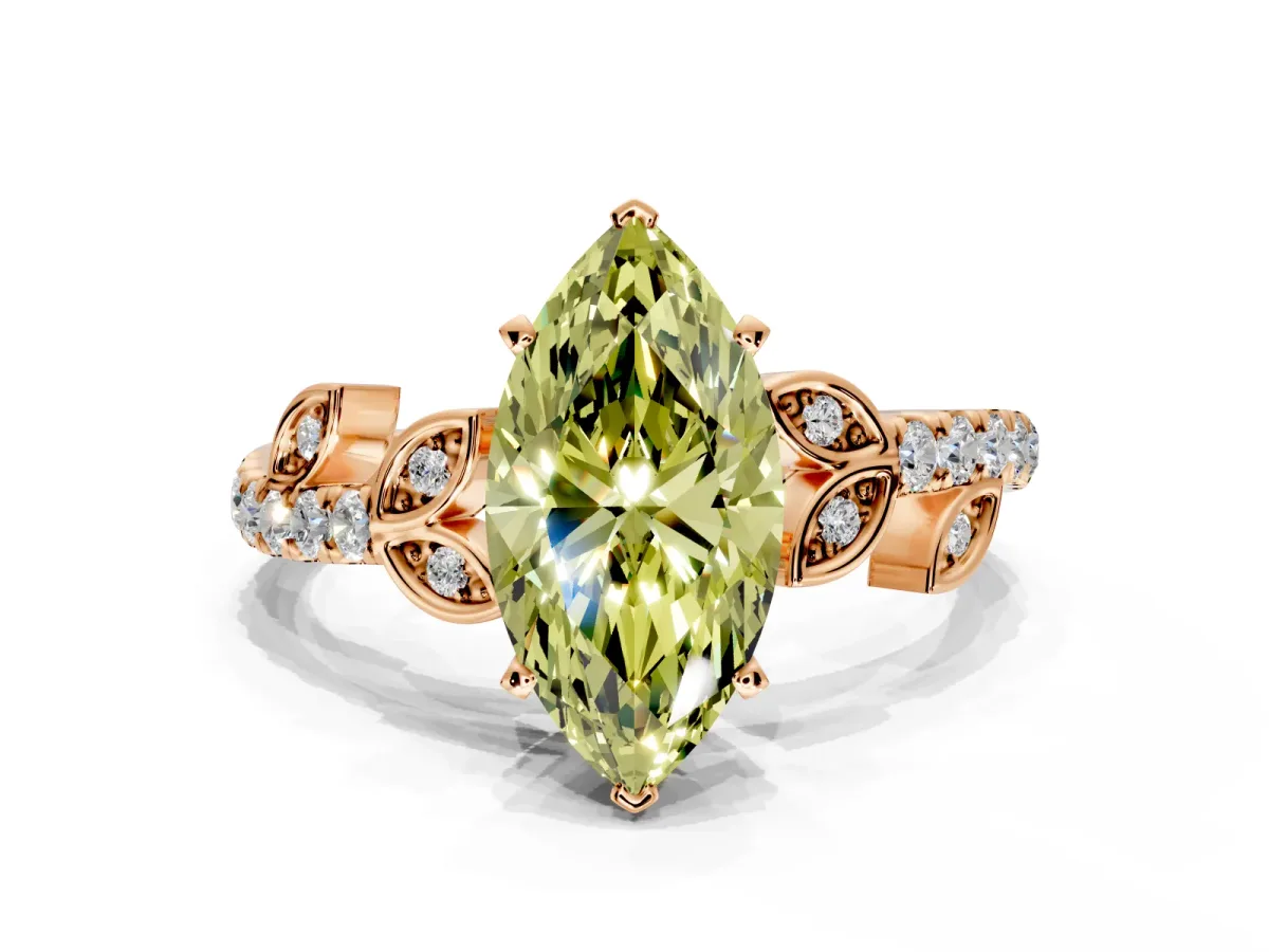 Leaf Motif Engagement Ring Setting for Fancy Yellow Marquise Center with Pave Band and Prong Head in Rose Gold