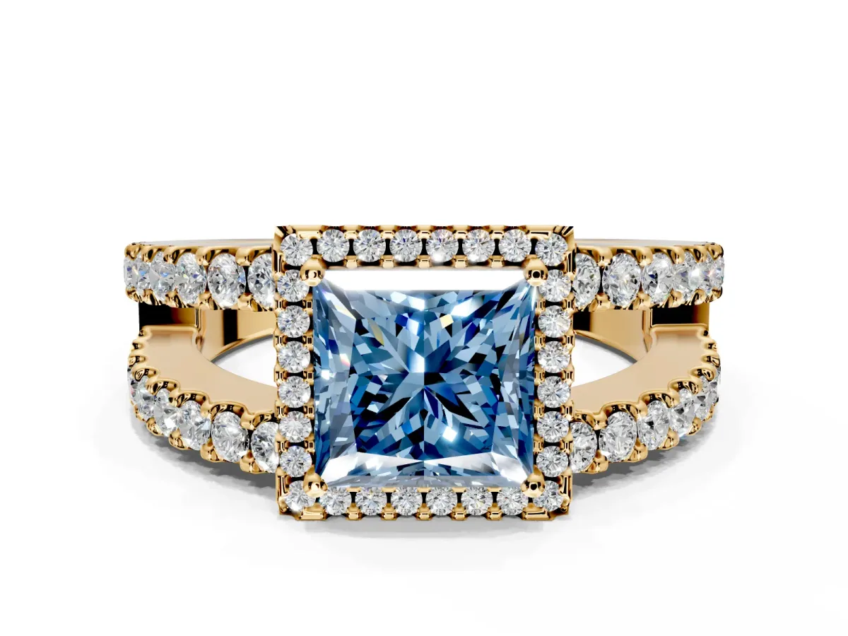 Halo Engagement Ring Setting for Fancy Blue Princess Cut Center with Wide-Open Pave Split Shank and Prong Head in Yellow Gold