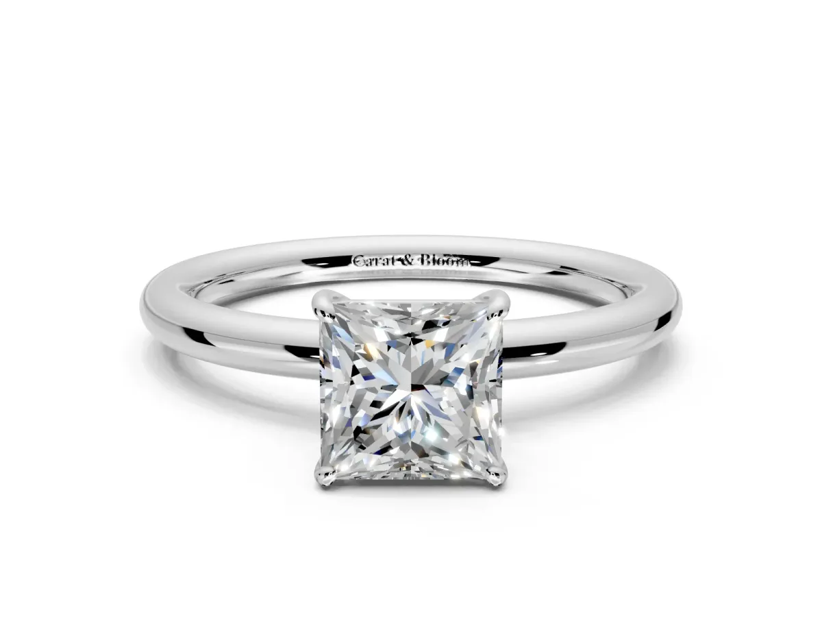 Low-Set Solitaire Engagement Ring Setting for Princess Cut Center with Thin Plain Band and Prong Head in Platinum