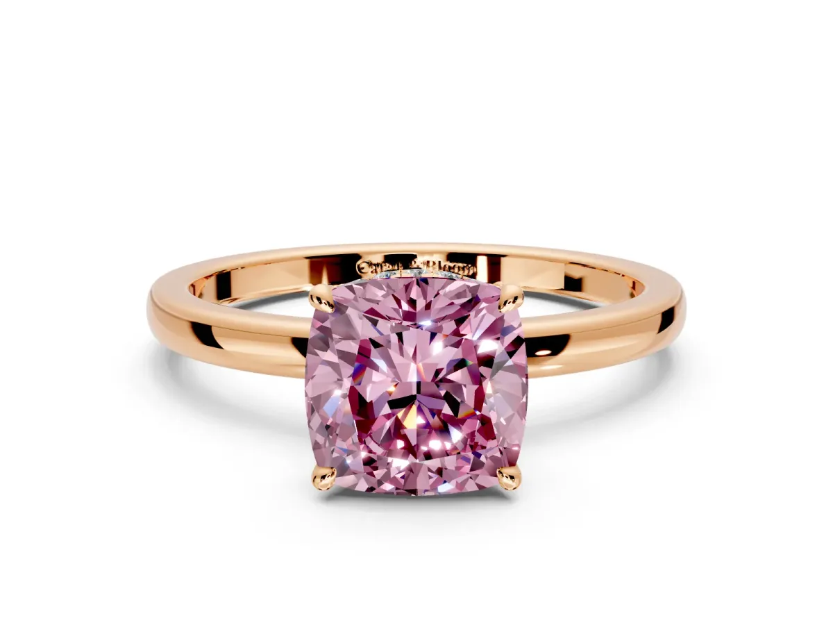 Hidden Halo Engagement Ring Setting for Fancy Pink Cushion Cut Center with Plain Band and Tall Prong Head in Rose Gold