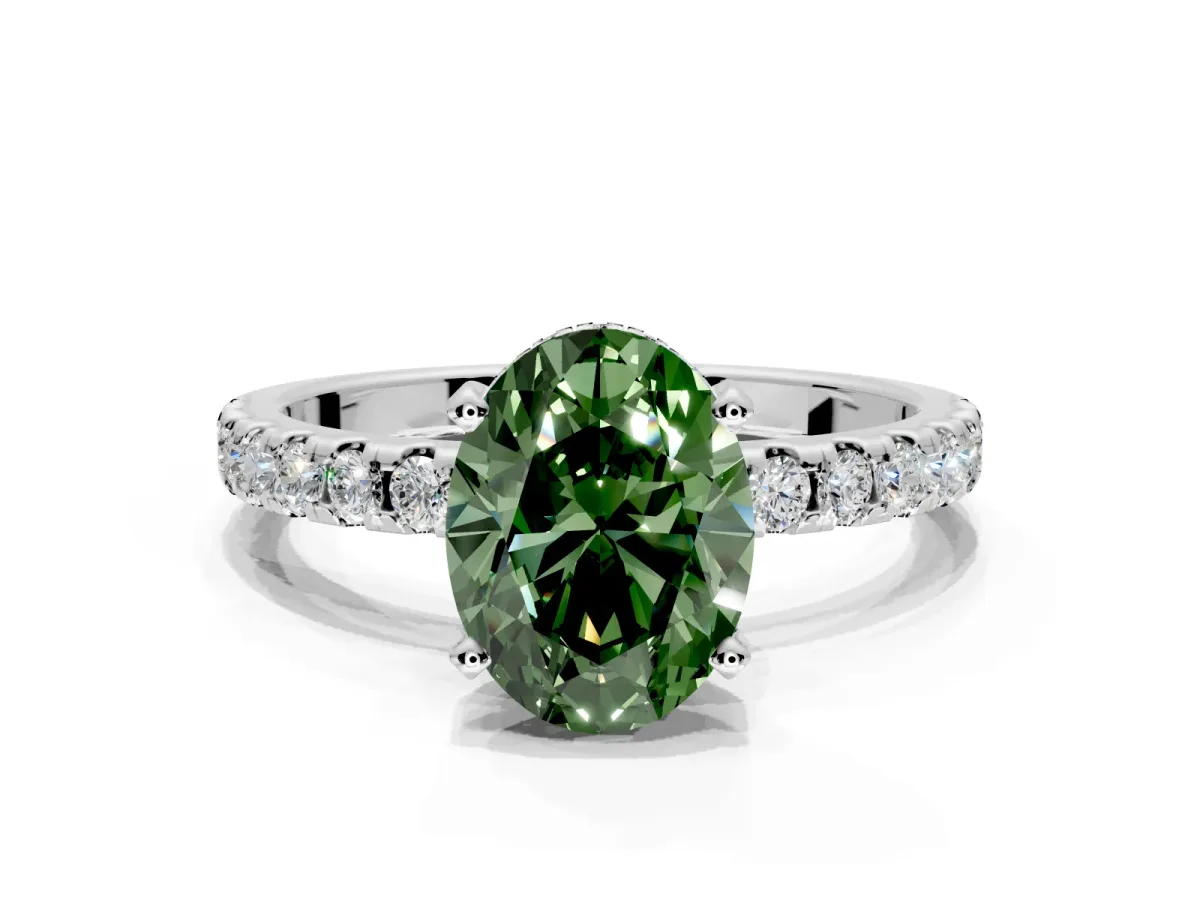 Solitaire Engagement Ring Setting for Fancy Green Oval Center with Band of Accents and Prong Head in Platinum