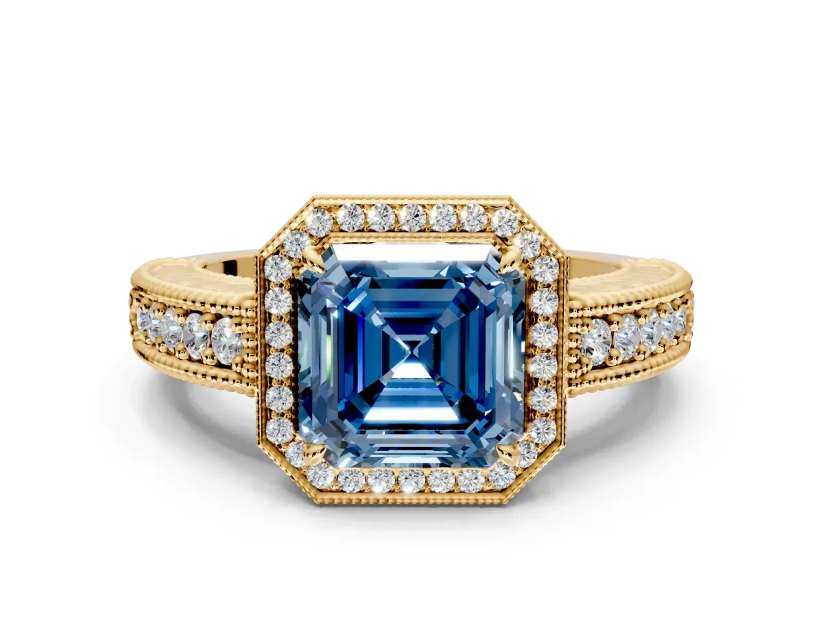 Milgrain Halo Engagement Ring Setting for Fancy Blue Asscher Cut Center with Pave Band and Prong Head in Yellow Gold