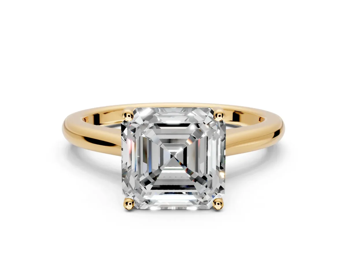 Solitaire Engagement Ring Setting for Asscher Cut Center with Narrow Cathedral Band and Prong Head in Yellow Gold