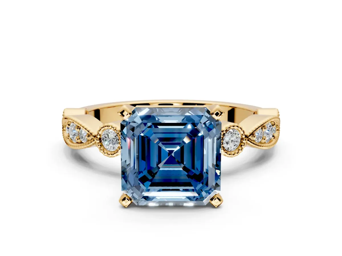 Solitaire Engagement Ring Setting for Fancy Blue Asscher Cut Center with Milgrain Bezel Accents and Prong Head in Yellow Gold