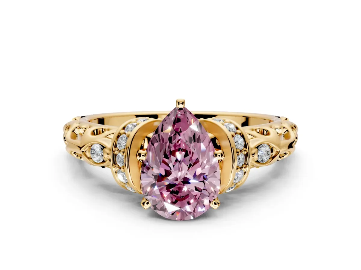 Solitaire Engagement Ring Setting for Fancy Pink Pear-Shaped Center with Filigree Band and Prong Head in Yellow Gold