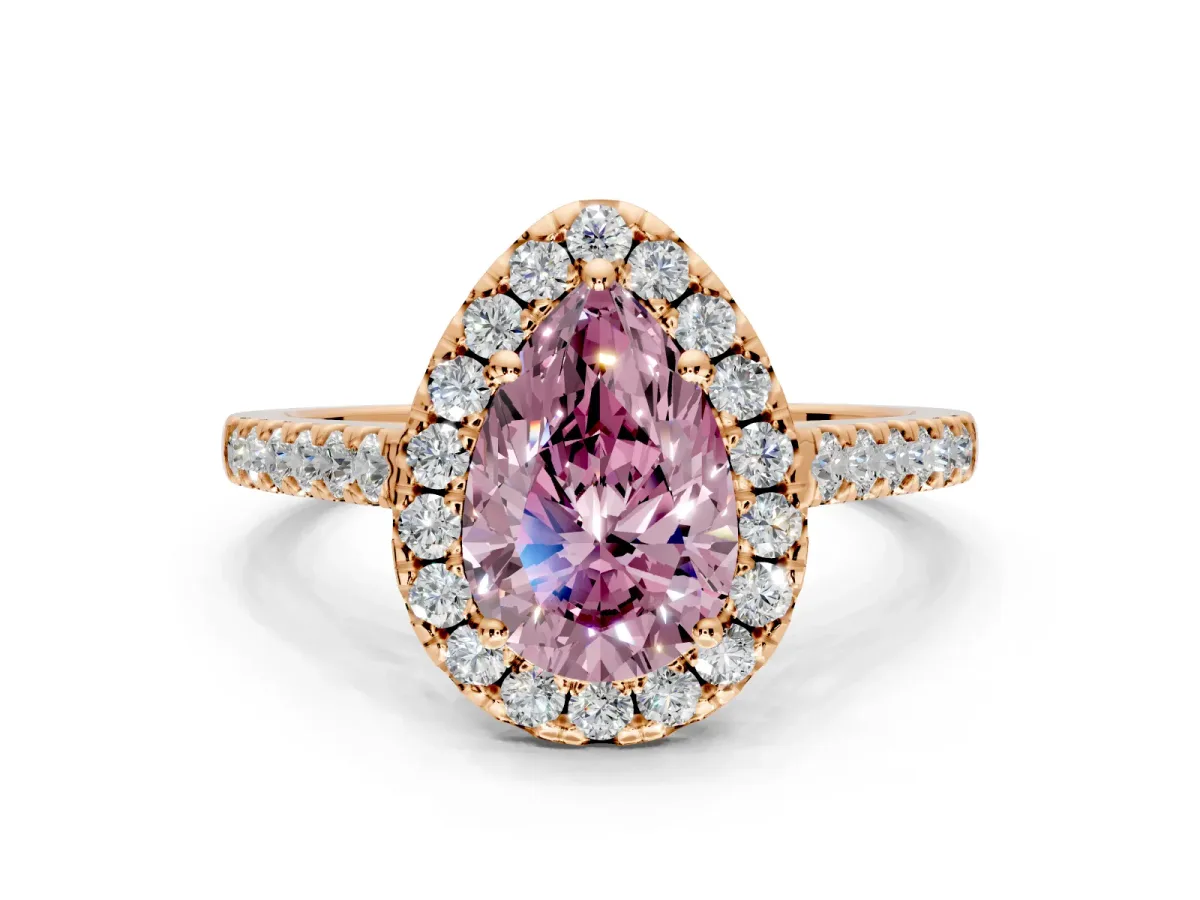 Halo Engagement Ring Setting for Fancy Pink Pear-Shaped Center with Narrowing Pave Band and Prong Head in Rose Gold