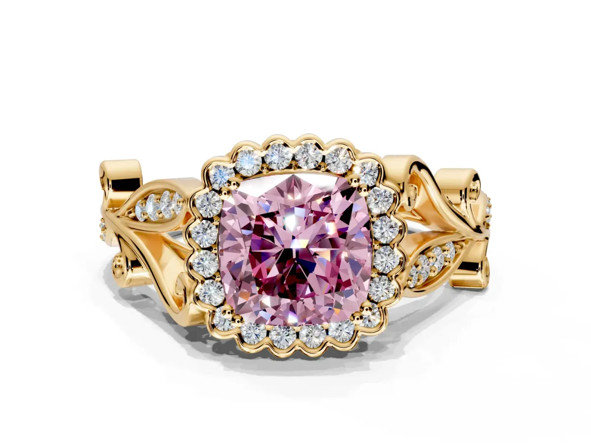 Halo Engagement Ring Setting for Fancy Pink Cushion Cut Center with Leaf Motif Split Shank and Prong Head in Yellow Gold