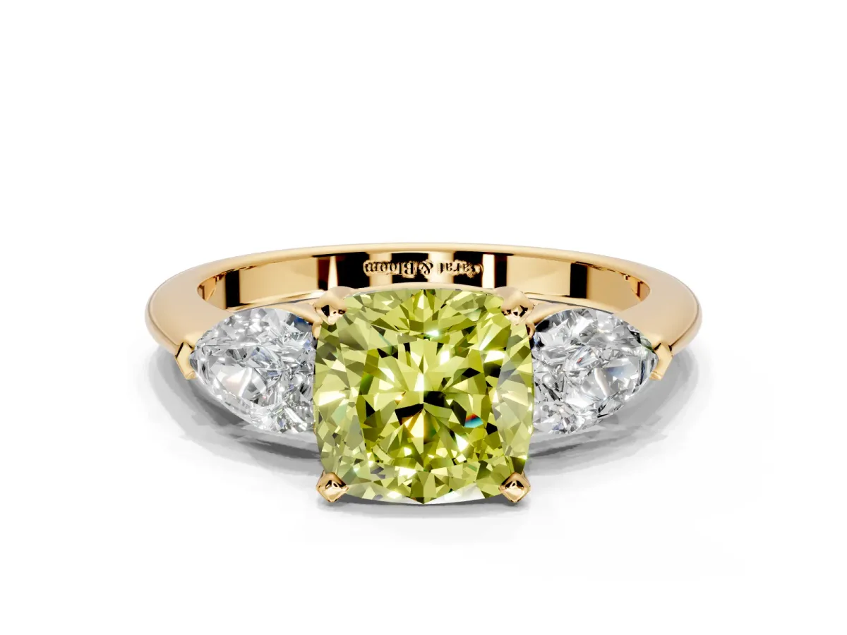 3 Stone Engagement Ring Setting for Fancy Yellow Cushion Cut Center with Large Pear-Shaped Accents and Prong Head in Yellow Gold