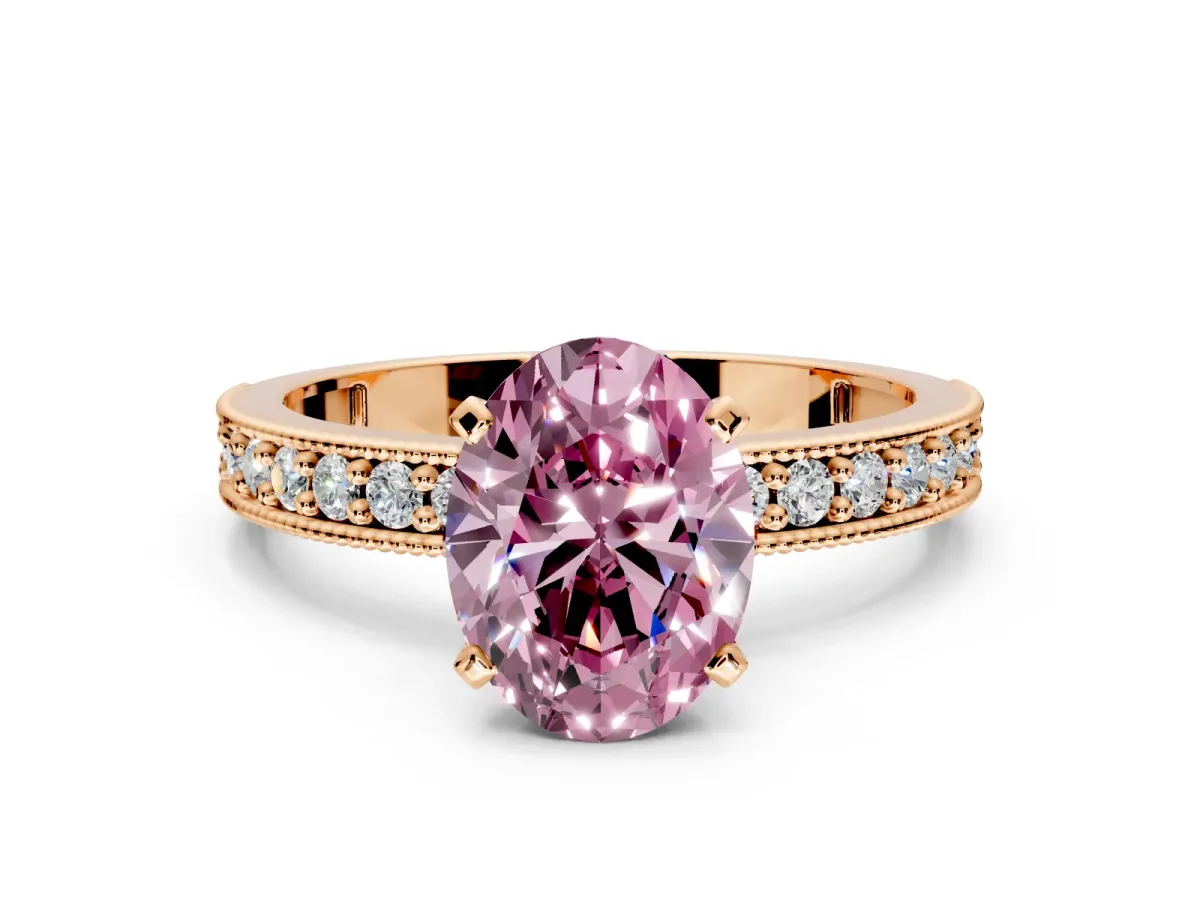 Milgrain Pave Engagement Ring Setting for Fancy Pink Oval Center with Accent Band and Prong Head in Rose Gold