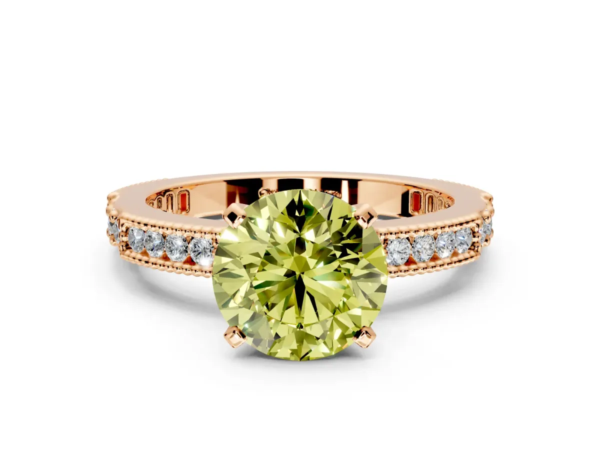 Solitaire Engagement Ring Setting for Fancy Yellow Round Cut Center with Milgrain-Edged Pave Band and Prong Head in Rose Gold