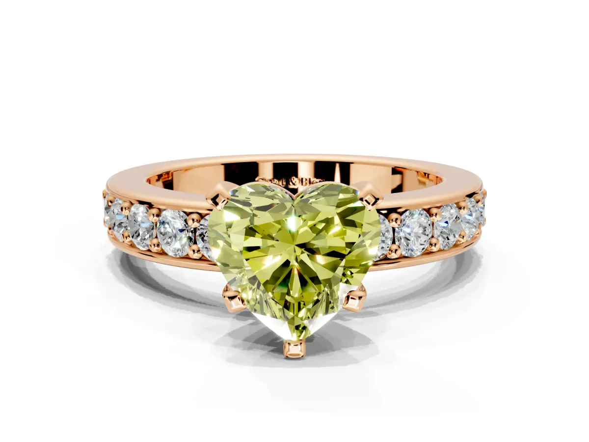 Solitaire Engagement Ring Setting for Fancy Yellow Heart-Shaped Center with Channel-Set Accents and Prong Head in Rose Gold