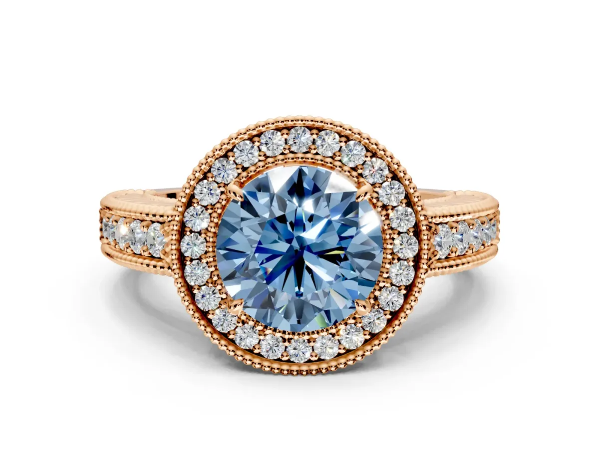 Milgrain Halo Engagement Ring Setting for Fancy Blue Round Cut Center with Pave Band and Prong Head in Rose Gold