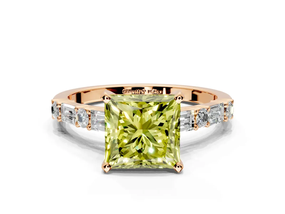 Baguette Engagement Ring Setting for Fancy Yellow Princess Cut Center with Alternating Bar-Set Band and Prong Head in Rose Gold