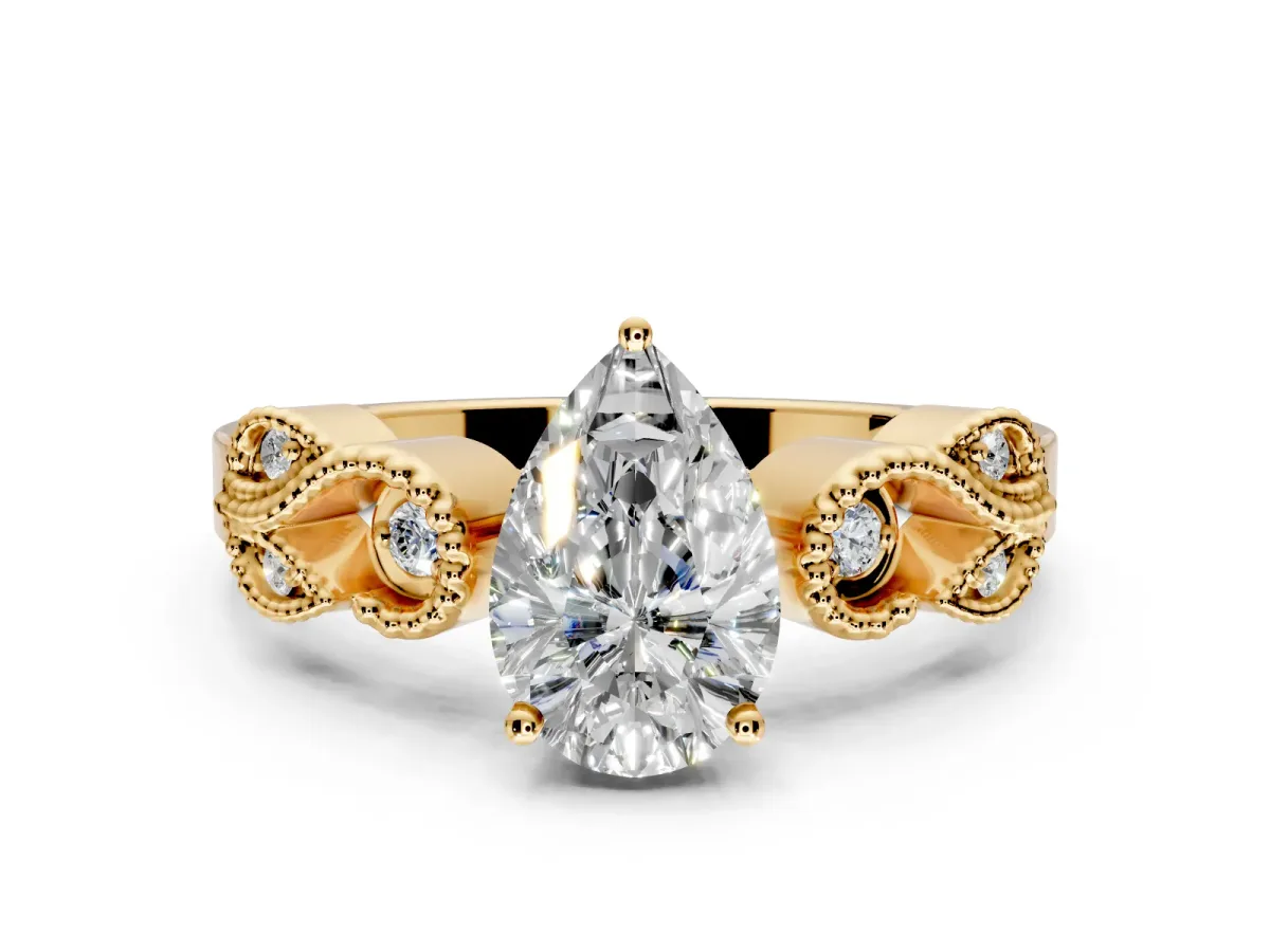 Leaf Engagement Ring Setting for Pear-Shaped Center with Milgrain Accent Band and Prong Head in Yellow Gold